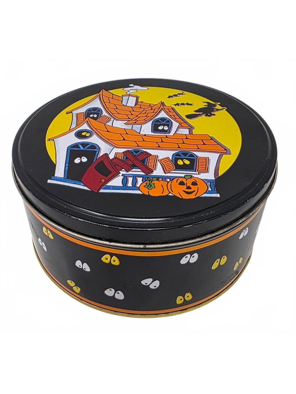 Vintage 1986 Halloween Haunted House Candy Tin Witch Pumpkins 6.5 Inch